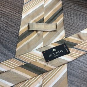 ETRO Gold, Grey & White Stripe Silk Tie